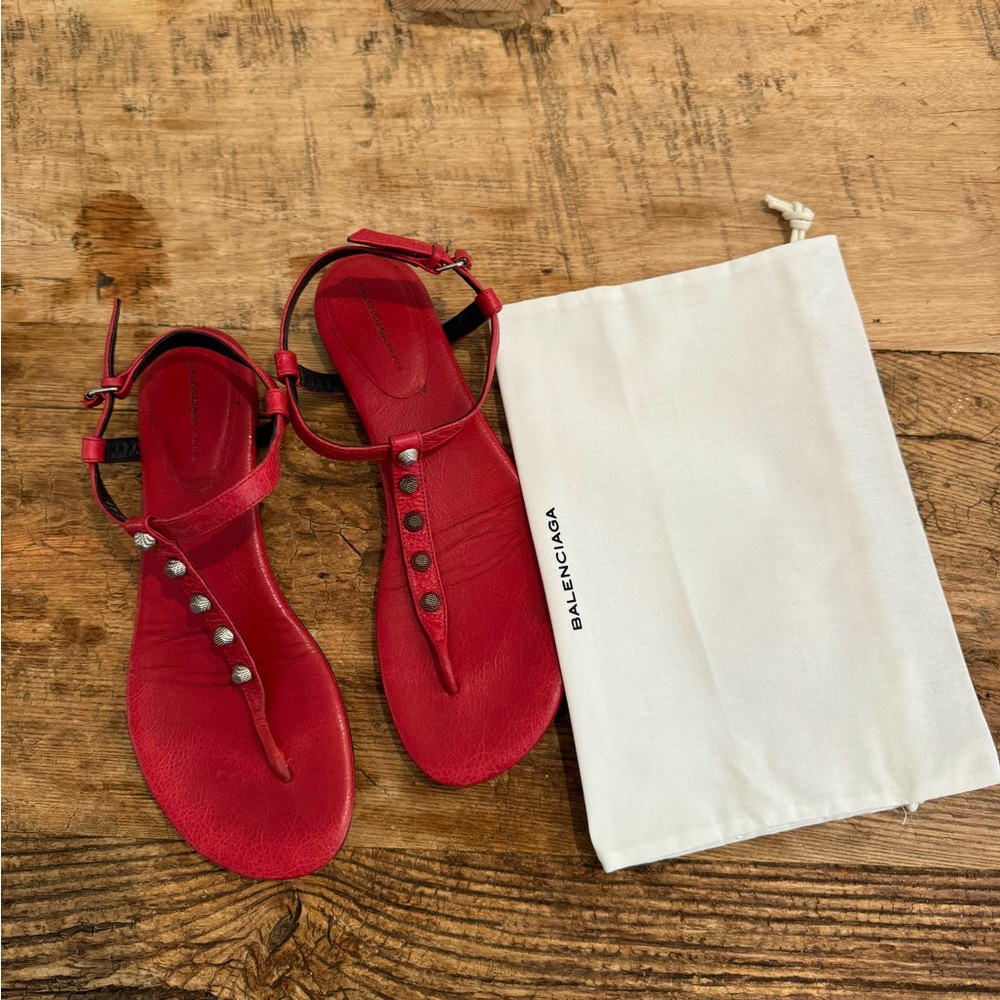 BALENCIAGA Arena Red Leather T-Strap Studded Sandals
